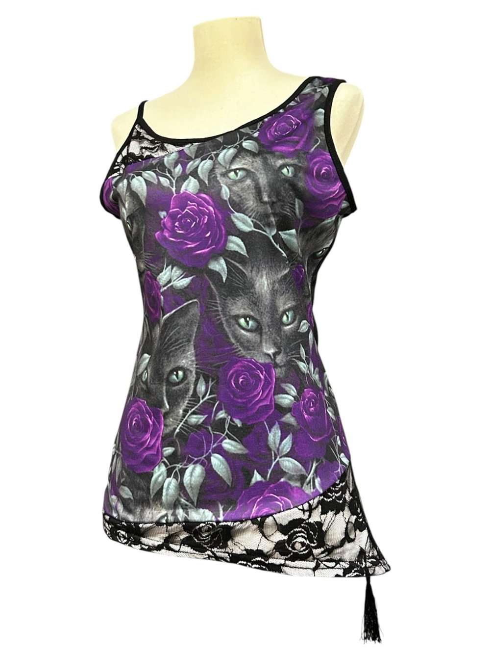 Elfin Black Cat Purple Rose Lace Cami Tank Top, Size Medium Goth Black Cat Top